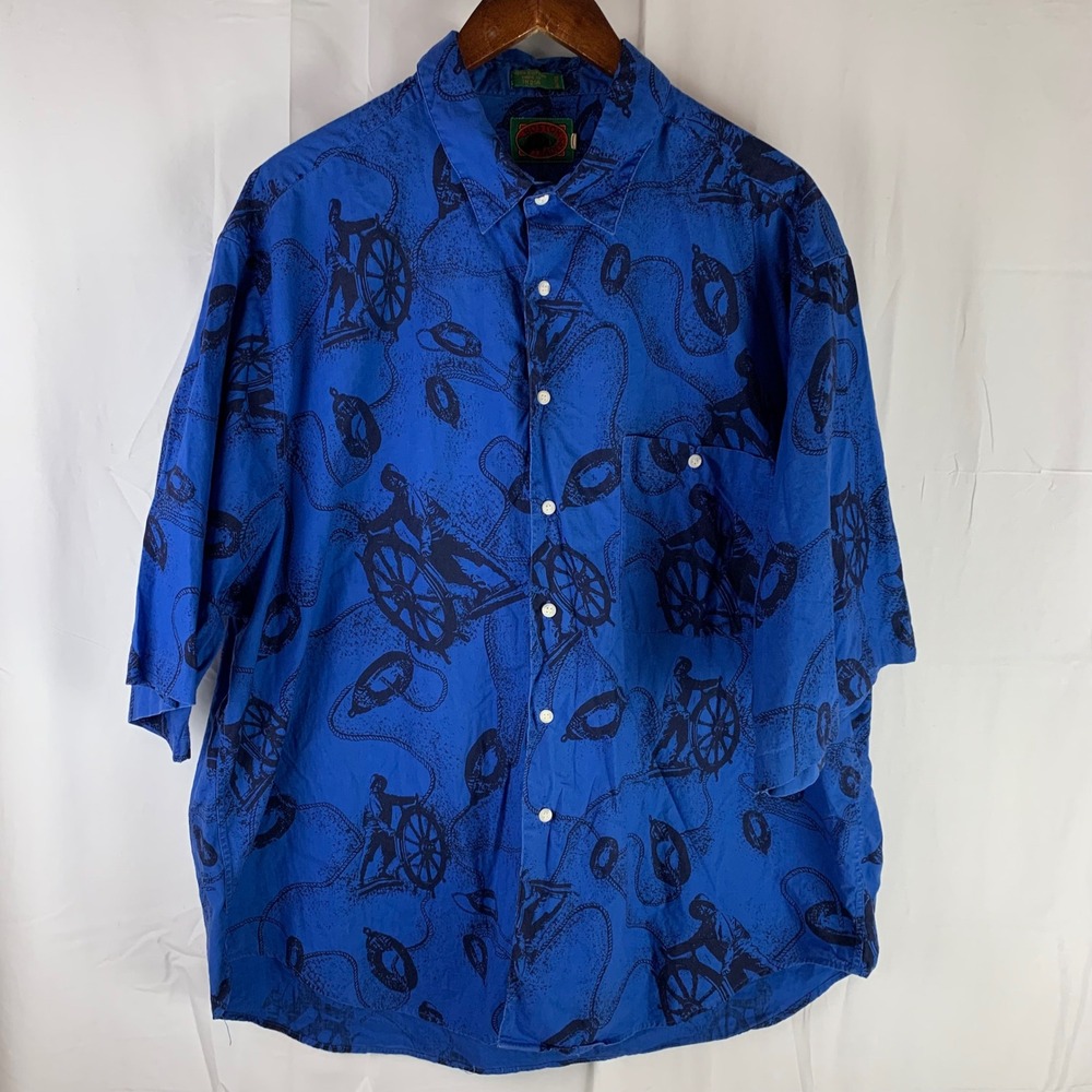 Boston Traders Shirt Mens XL Oversized Blue Nautical‎ Sailor Print Short Sleeve